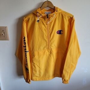 CHAMPION Wind Breaker Jacket Pockets Hood Yellow Small